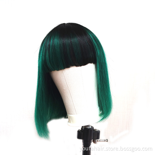 Dropshipping Brazilian Human Virgin Hair Bob Wig Ombre Color 1b Green Machine Made Short Bob Wigs with Bangs for Black Women